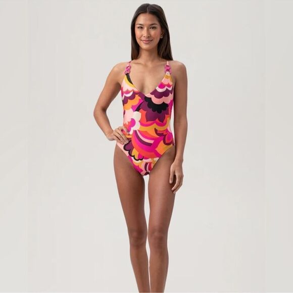NWT WOMEN'S FAN FAIRE TWIST BACK HALTER PLUNGE ONE PIECE SWIMSUIT - Picture 6 of 14